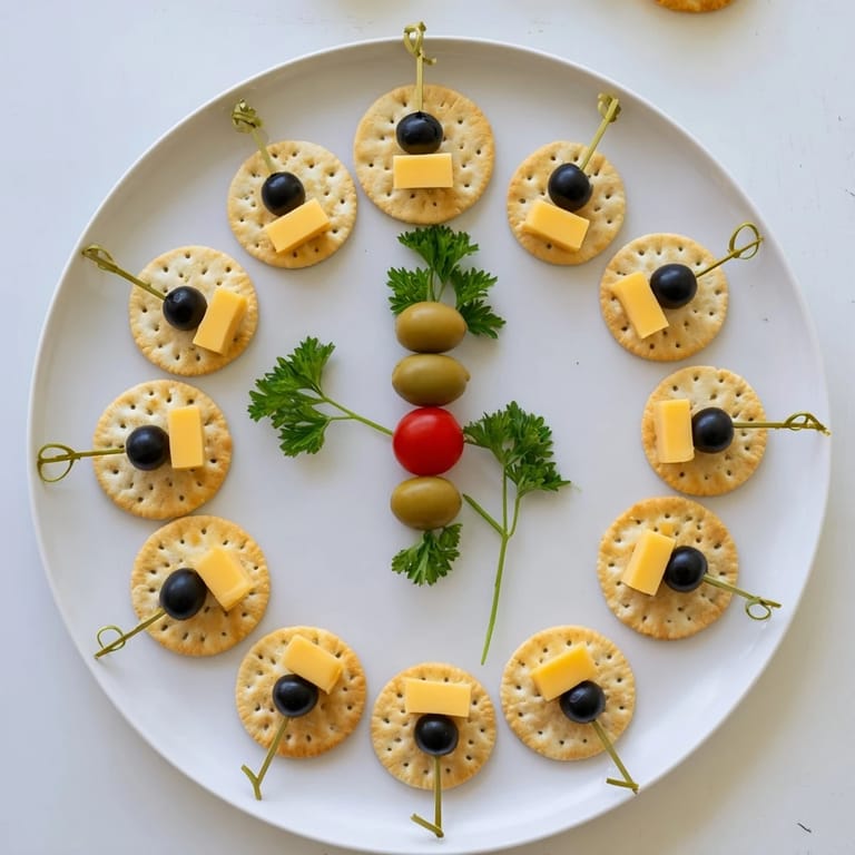 Festive New Year's Clock Countdown arranged with crackers, cheese, and olives for a fun celebration.