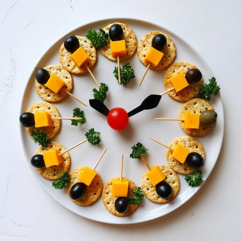 Close-up of a delicious New Year's Clock Countdown, with cheddar and Swiss cheese chunks.