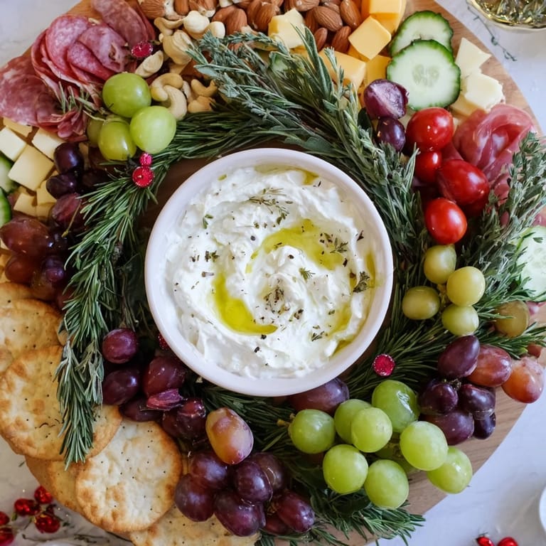 Delicious Evergreen Wreath Board: a holiday cheese board overflowing with fresh ingredients and perfect for sharing.