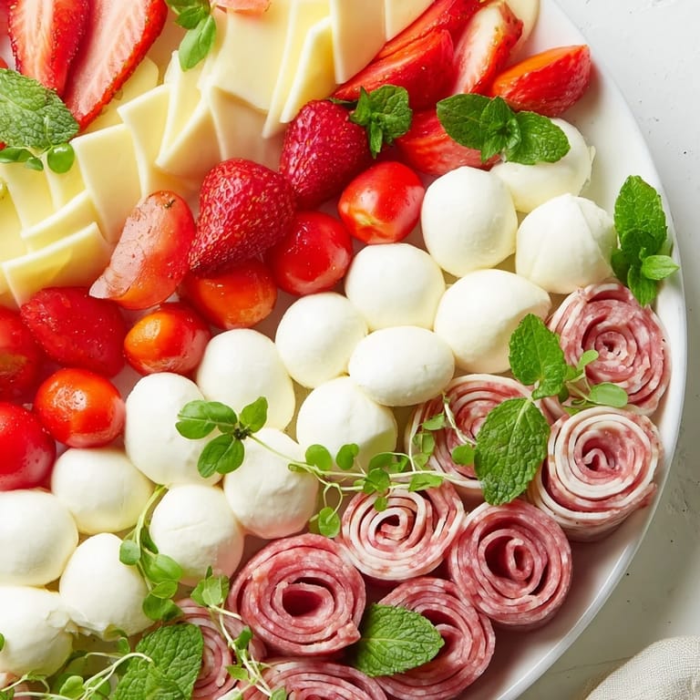 Beautifully striped Peppermint Celebration platter showcasing alternating rows of red fruits and white cheeses, perfect for parties.