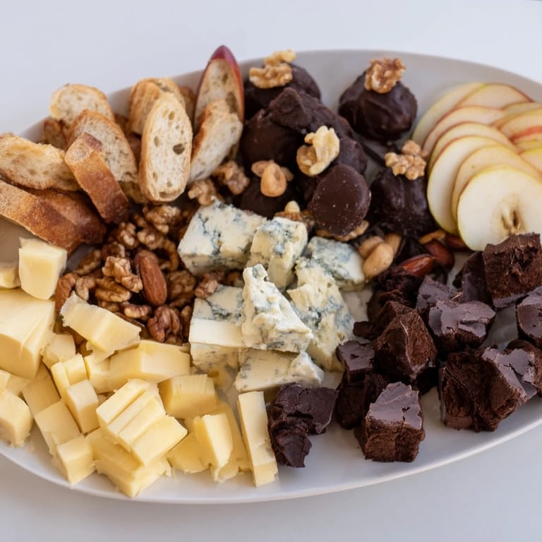 Enjoy this easy Fireside Comfort & Cocoa, a delicious assortment with dark chocolate and aged cheeses.