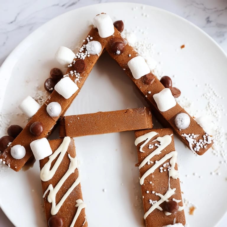 A beautifully decorated gingerbread house frame, showcasing white chocolate drips and colorful candies for a delicious dessert.