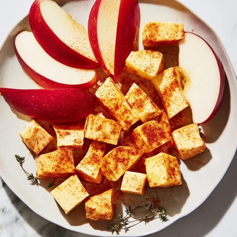 Smoky paprika coats cheese cubes alongside ruby apple wedges, creating The Autumn Ember appetizer's warmth.
