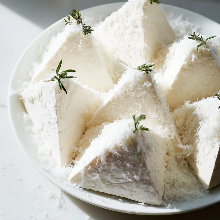 Ready-to-eat Snowcapped Range appetizer; Brie cheese mountain peaks dusted with Parmesan, ready to serve.