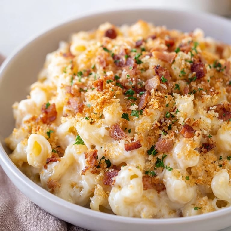 Imagine the rich, creamy texture of Tinis Mac and Cheese with Bacon, perfectly complemented by crispy bacon.