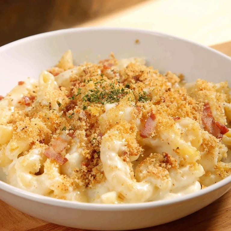 This photo features warm, comforting Tinis Mac and Cheese with Bacon, a delicious family-friendly meal, ready to serve.