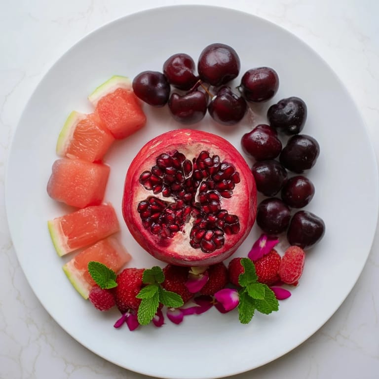 A visually appealing The Pomegranate Pivot appetizer featuring a rainbow of fresh, delicious fruits for serving.
