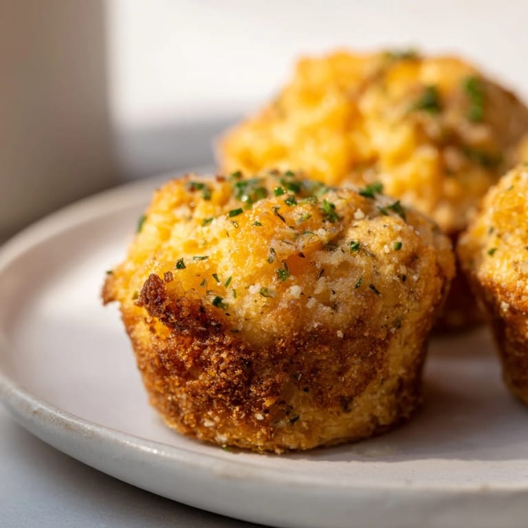 A close-up of cheesy, baked Tinis mac and cheese muffins, showing a perfect crust and cheesy center.