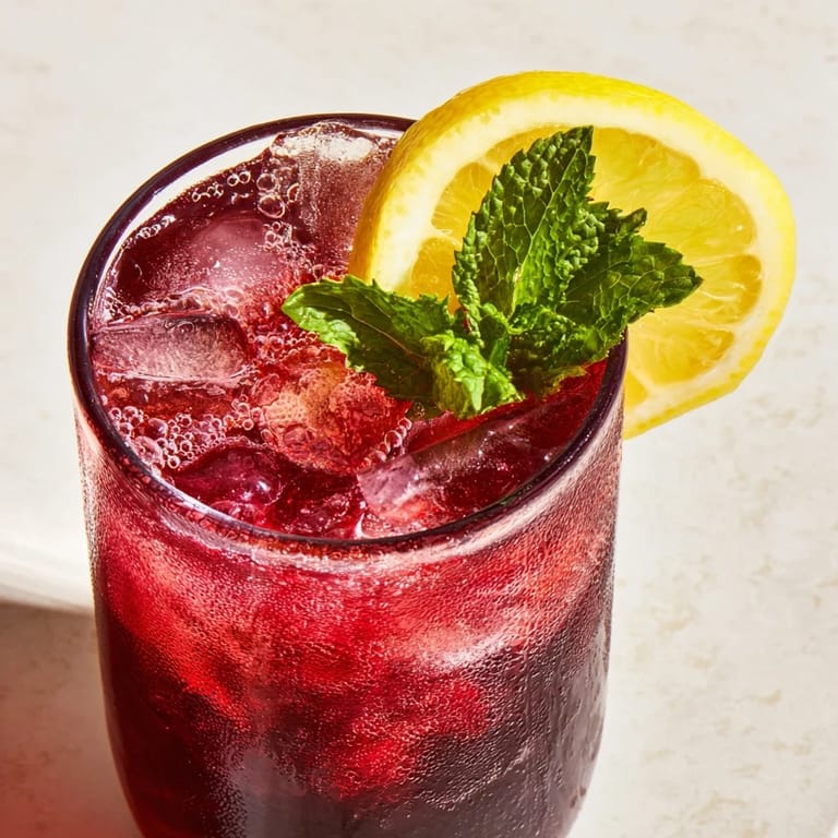 Cold and delicious Sleepy Girl Cherry Mocktail with ice, ready to sip and enjoy before bed tonight.