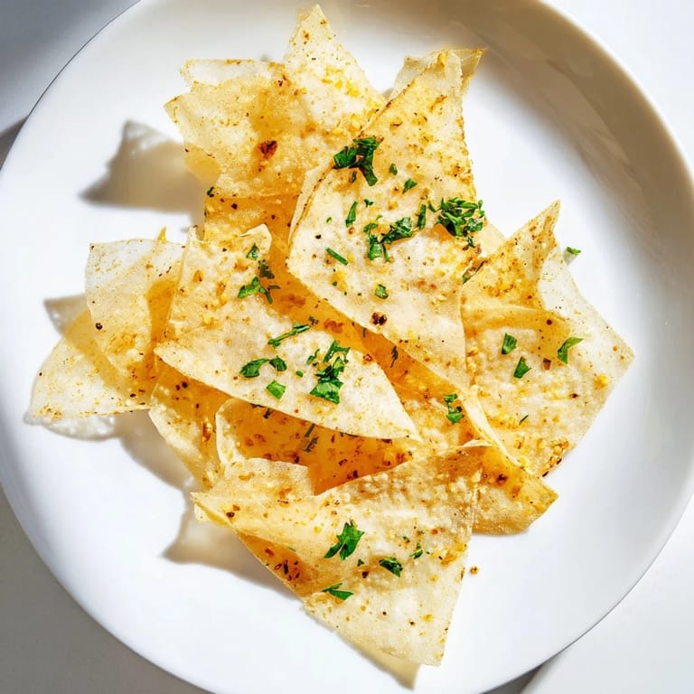 Air-fried crispy garlic lumpia chips, a tasty vegan appetizer with a delightful crunch, ready to serve!.