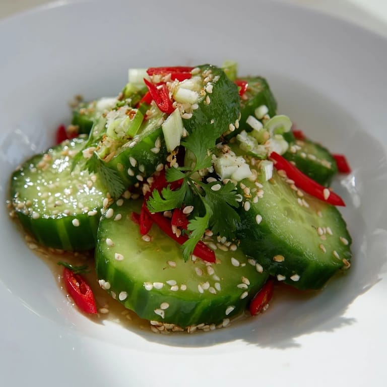 Vibrant close-up of Tangy Shaken Asian-Style Cucumber Salad, with crunchy cucumbers shimmering from dressing.