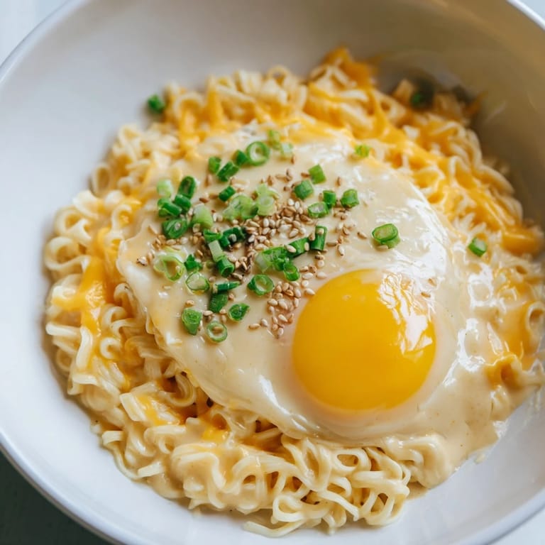 Close-up of golden Instant Cheese Ramen garnished with fresh green onions and sesame seeds.