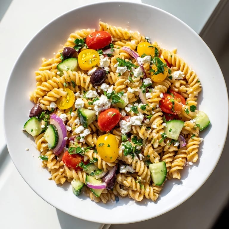 A bowl of delicious lemon pasta salad, featuring colorful vegetables and creamy feta cheese.