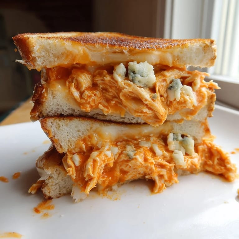 Savory Buffalo Chicken Grilled Cheese served hot, showcasing gooey cheese and a flavorful, buffalo chicken filling.