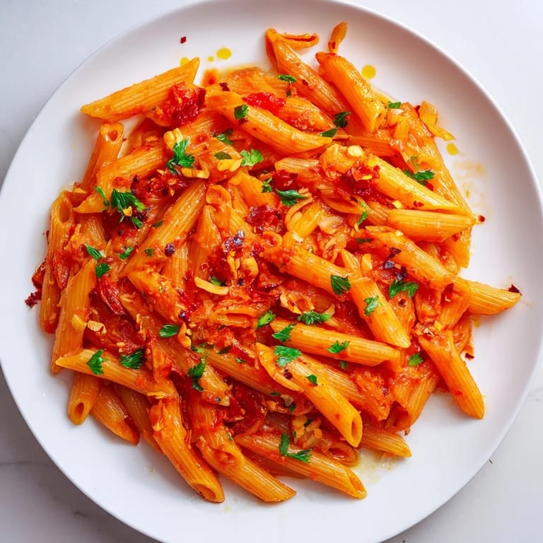 Spicy Penne all'Arrabbiata with fresh parsley: a delicious, simple Italian pasta dish.