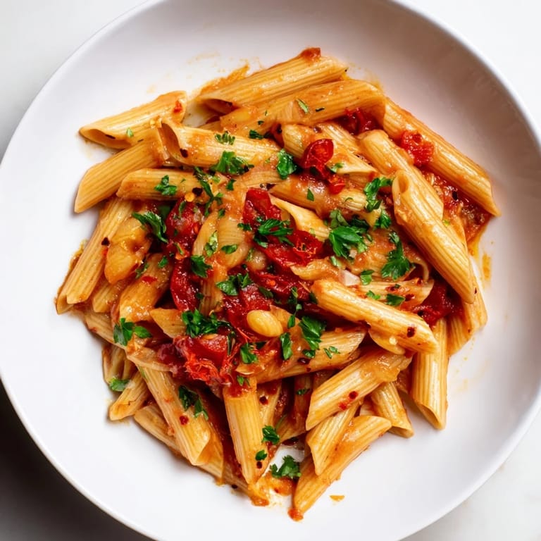 Close-up of Penne all'Arrabbiata: look at the flavorful tomato sauce and perfectly al dente pasta.