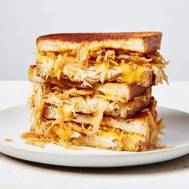 Gooey cheese oozing from the Crispy Shallot Chicken Grilled Cheese, an irresistible, hearty sandwich.
