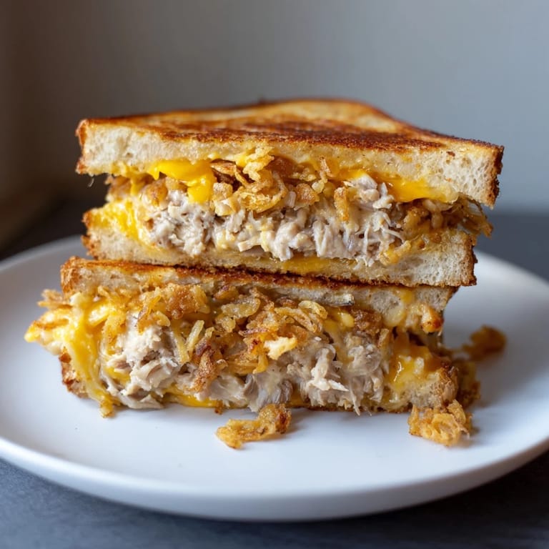 Warm, crispy-edged Crispy Shallot Chicken Grilled Cheese ready to be sliced, perfect for lunch.
