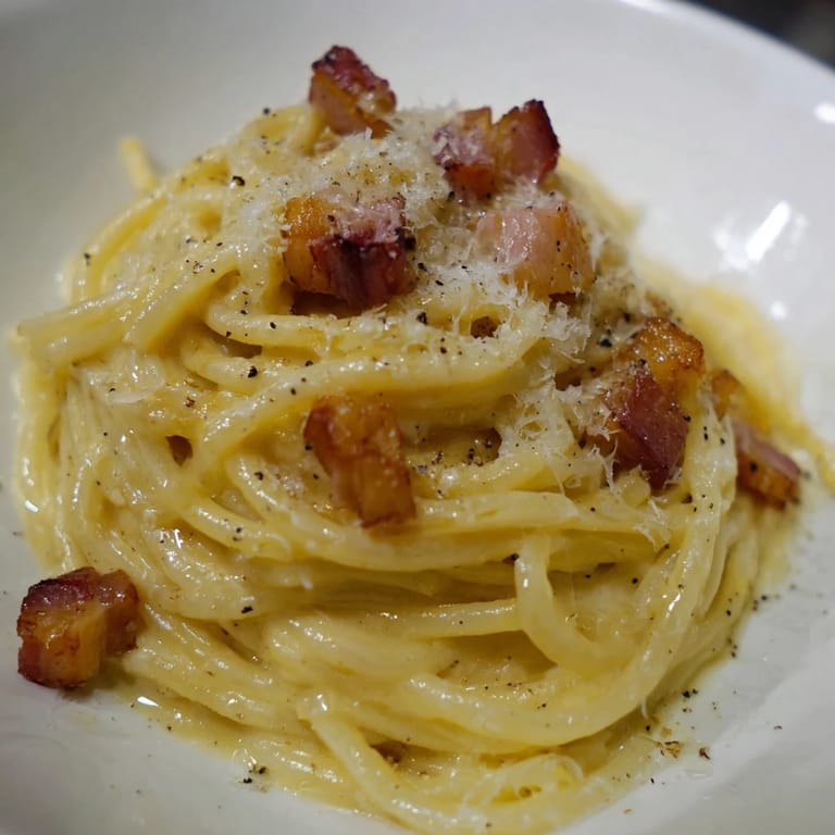 A close-up of delicious Express Spaghetti Carbonara: perfectly cooked pasta, ready to enjoy with family.