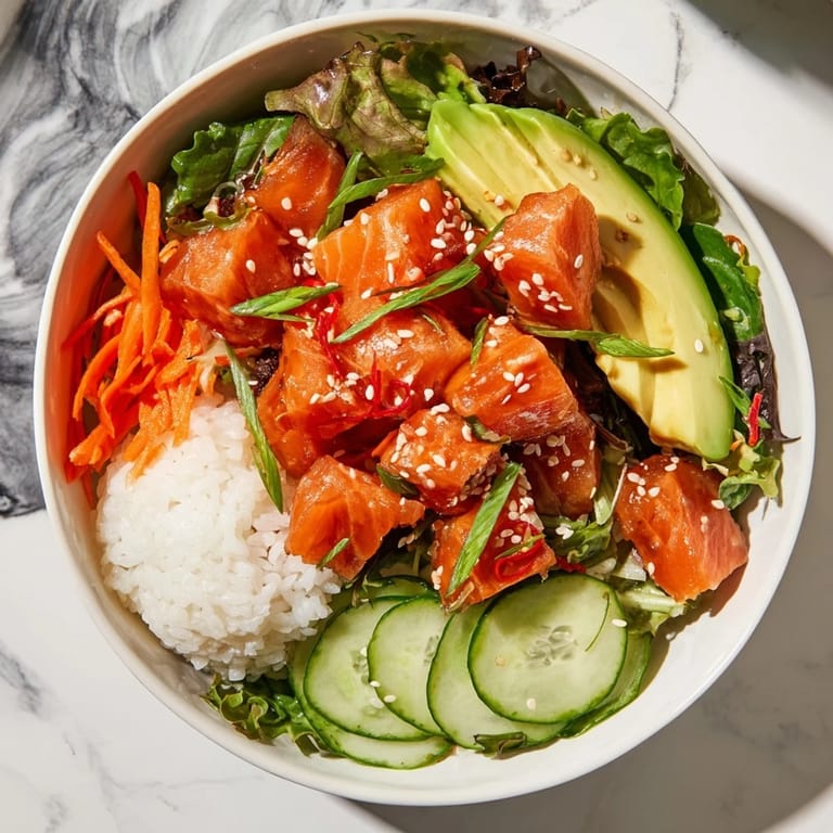 Enjoy a refreshing poke bowl salad picture, showcasing sushi-grade fish over fresh greens and rice.