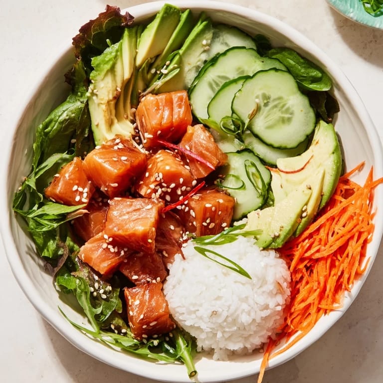 This homemade poke bowl salad features glistening, marinated tuna, ideal for a delicious, healthy meal.