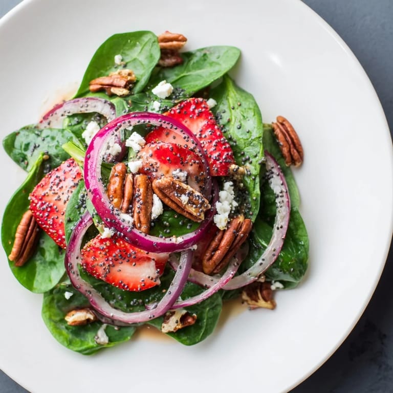 Close-up of a refreshing spinach strawberry salad tossed with poppy seed dressing, ready to eat.