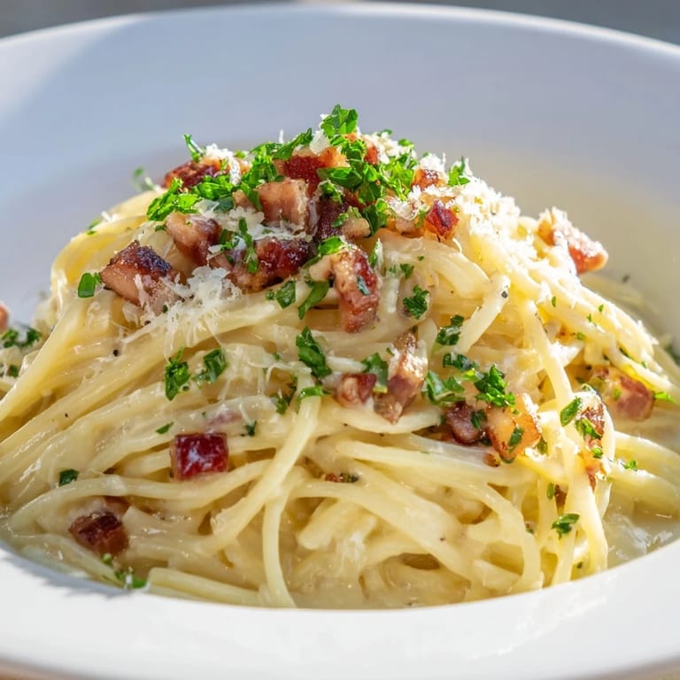 Close-up of Creamy Garlic Bacon Pasta: perfectly cooked pasta coated in a cheesy, garlic-infused sauce with bacon.