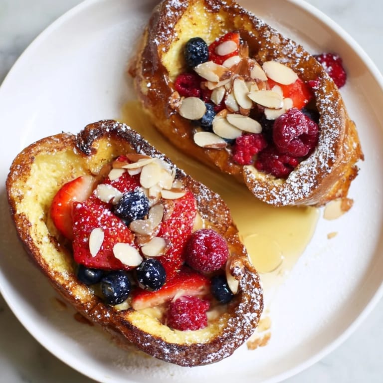 A close-up of Custard Toast, revealing a creamy, set custard topped with fresh berries.