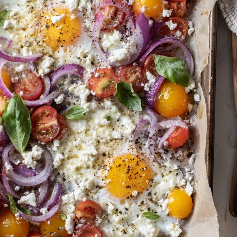 Golden baked Tomato Feta Baked Eggs, a flavorful brunch featuring fresh basil and Mediterranean flavors.