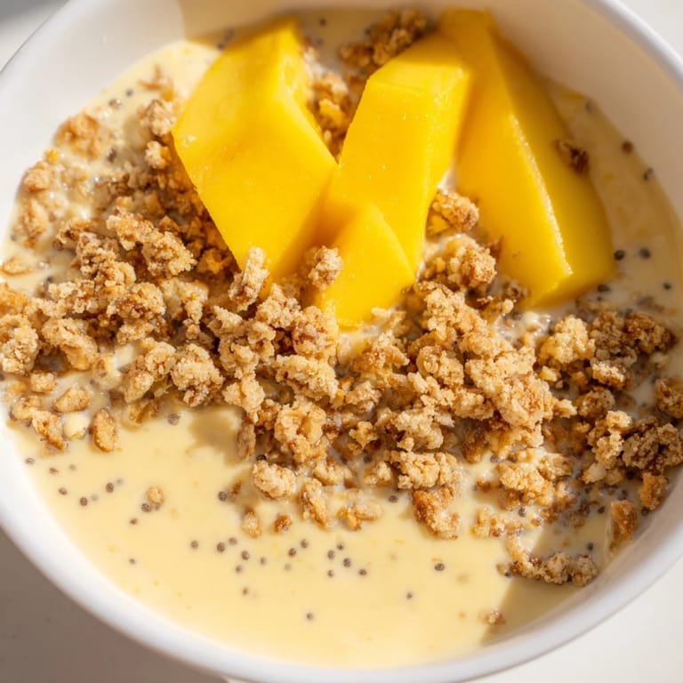 A close-up of creamy Mango Blended Overnight Oats shows the smooth texture, topped with crunchy granola.