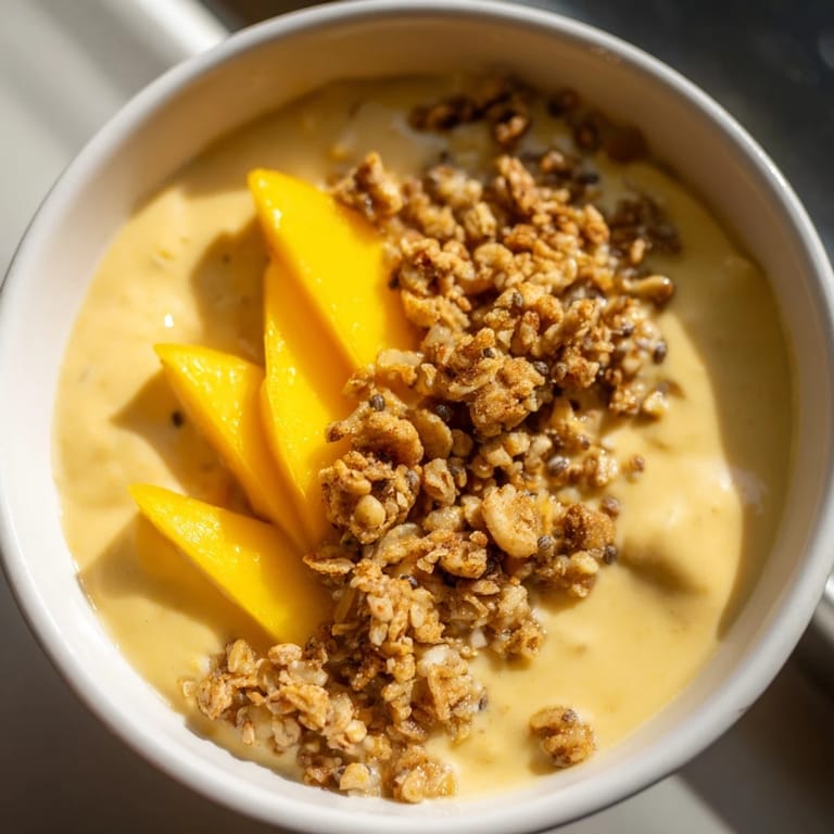 Enjoy a refreshing spoonful of delicious Mango Blended Overnight Oats—a naturally sweet and easy breakfast treat.