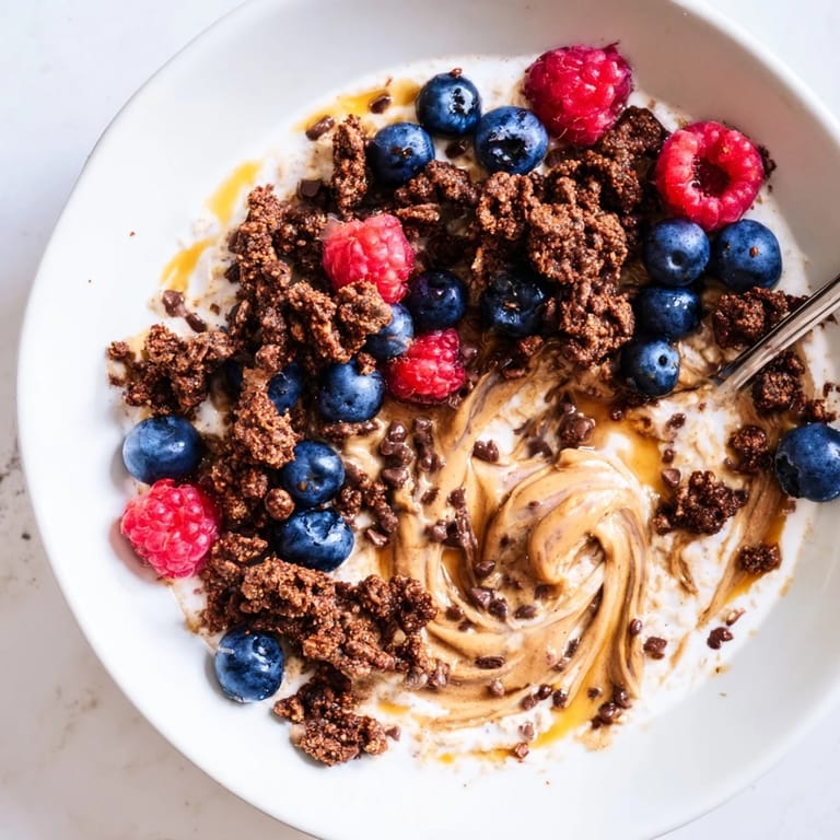 Decadent gourmet overnight oats: espresso-infused oats with cookie crumbles and a nut butter drizzle.