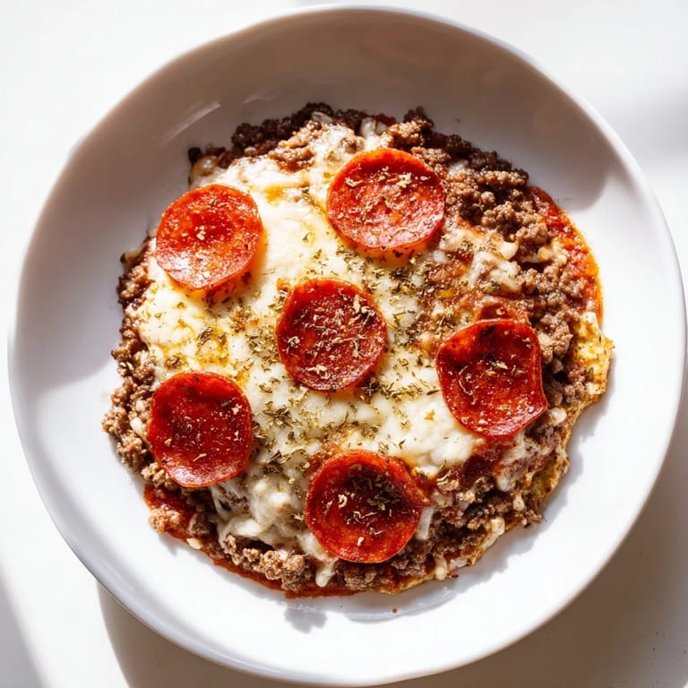 A close-up reveals bubbling cheese on a flavorful Meat Pizza Pepperoni Stack, perfect for a low-carb dinner.