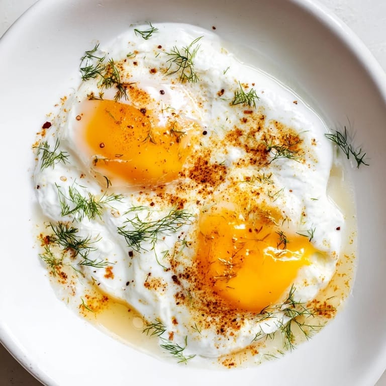 Golden brown butter drizzled over classic Cilbir, promising a burst of flavor with fresh dill garnish.