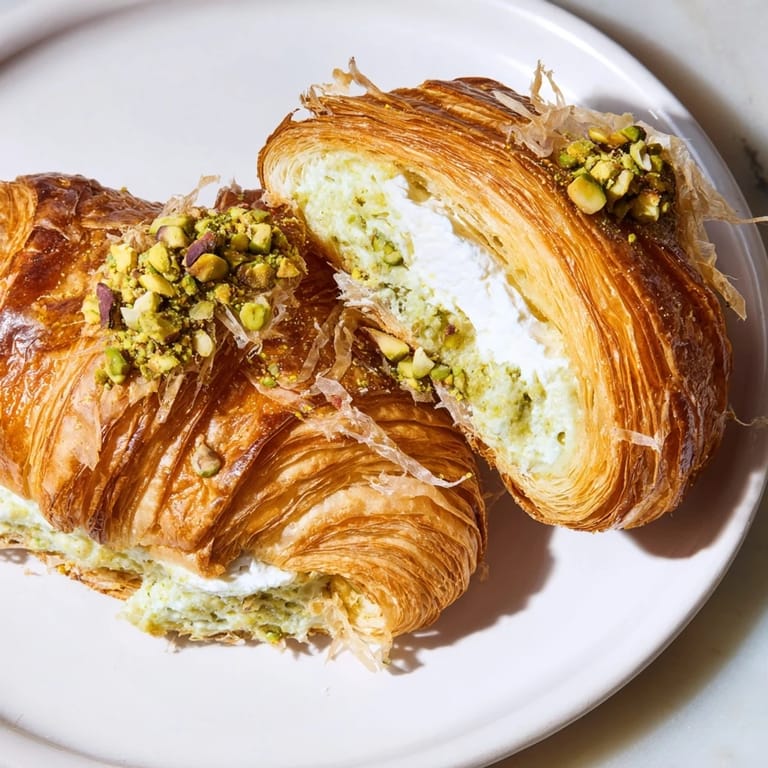 Homemade Pistachio Cream Croissants: a close-up with flaky layers, golden crust, and vibrant green filling.