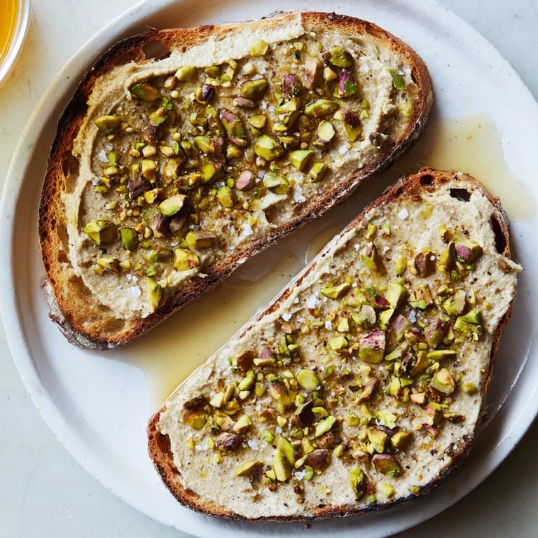 Close-up of freshly made Pistachio Butter Toast served, showcasing a luxurious, nutty flavor.
