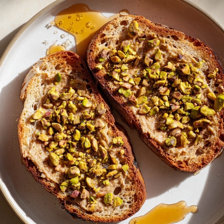 Delicious Pistachio Butter Toast ready to eat, with a drizzle of honey and sea salt.
