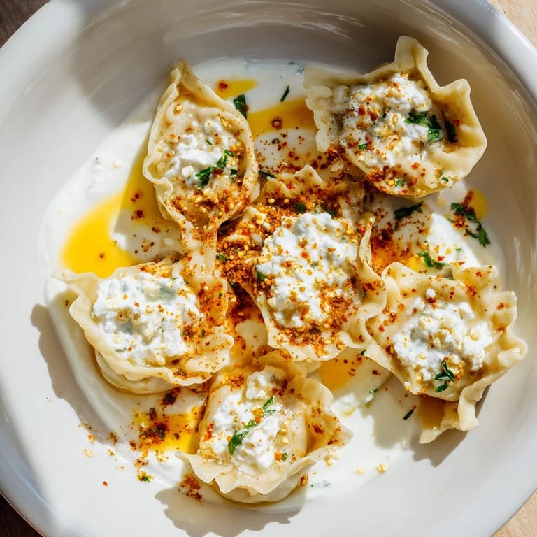 A close-up of golden-brown Turkish cheesy manti, the perfect vegetarian main course, ready to eat.
