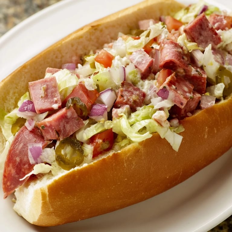 Freshly chopped Italian grinder sandwich overflowing with cured meats, melted provolone, and vibrant veggies on a golden toasted roll.  