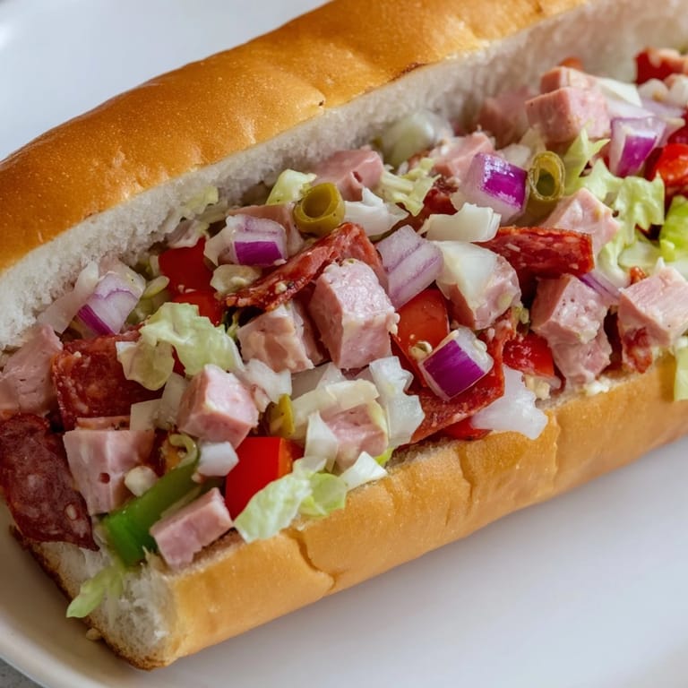 Hearty chopped Italian grinder sandwich packed with savory meats, cheese, and crisp vegetables on a buttery, toasted hoagie.