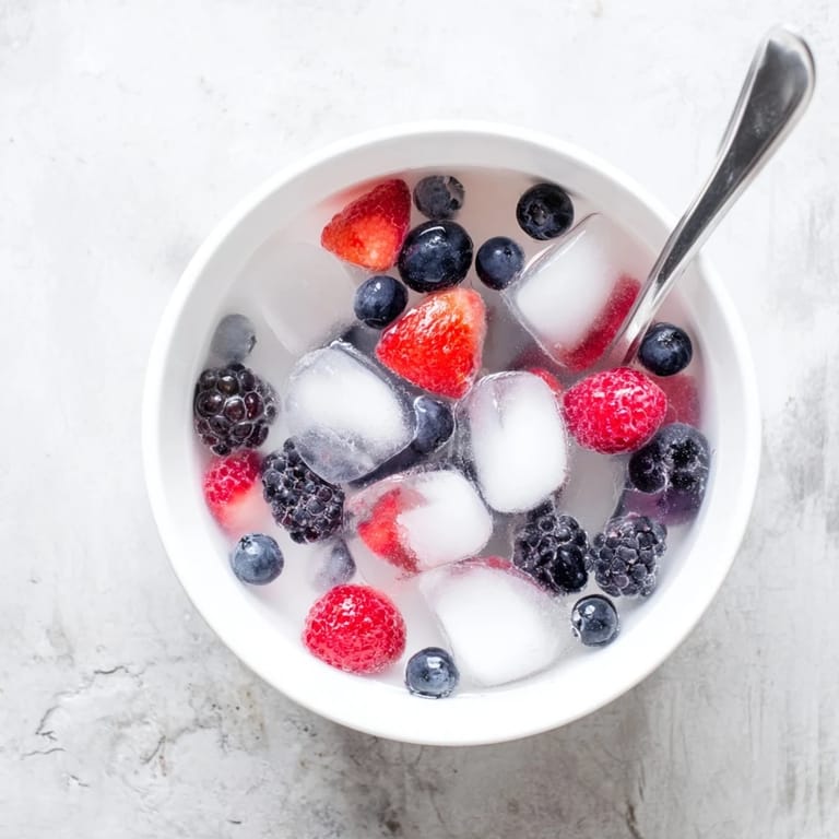 For a refreshing breakfast, this Nature's Cereal Bowl showcases juicy berries and ice glistening in a white bowl.