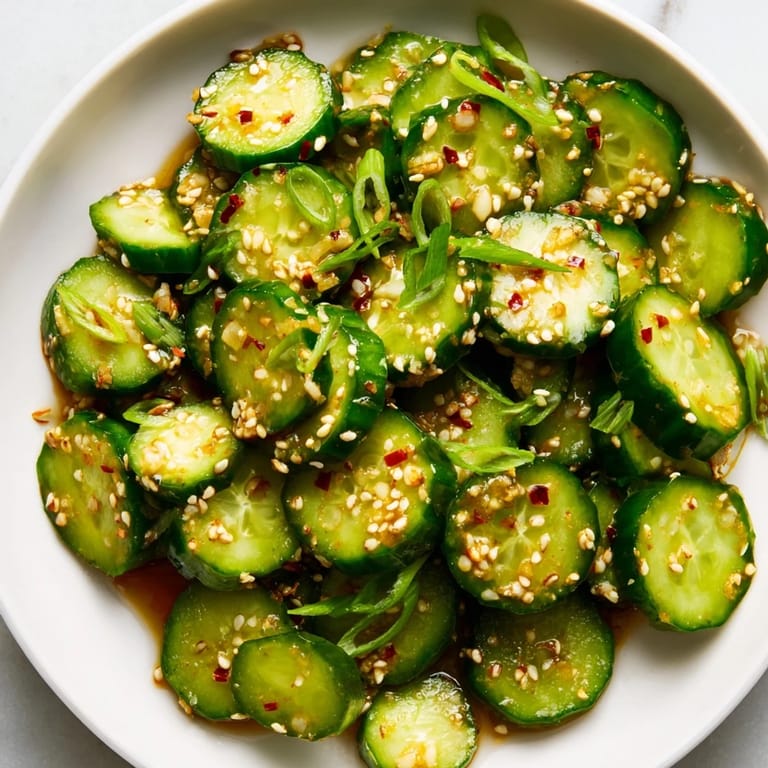 Vibrant bowl of Shake Shake Garlic Cucumbers garnished with sesame seeds and green onions, a refreshing vegan side dish perfect for summer barbecues.