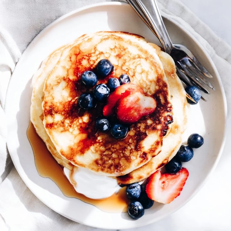 Freshly cooked Cottage Cheese Pancakes in a skillet with a side of mixed berries, showcasing their soft, cake-like texture.
