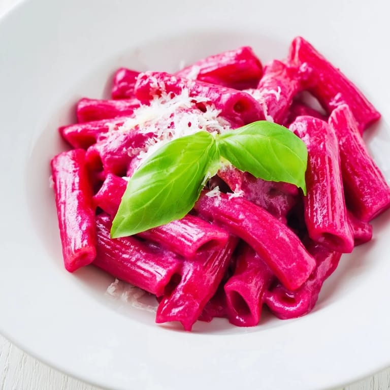 A close-up of Pink Pasta with Beet Cream, showing a smooth, ruby-red sauce and shaved Parmesan on top.