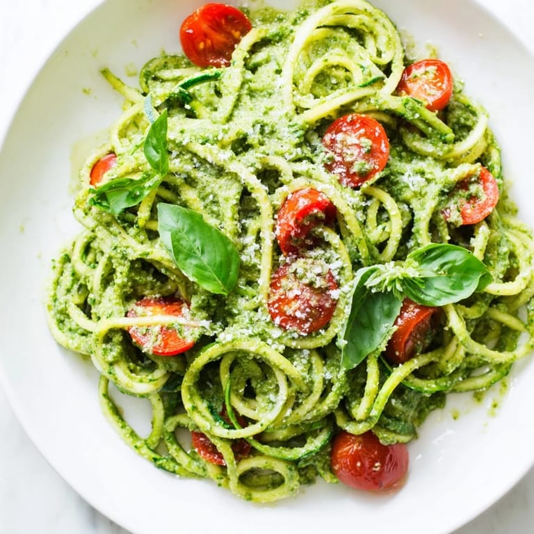 Sautéed zoodles mixed with homemade avocado pesto, served warm and garnished with fresh basil and Parmesan.