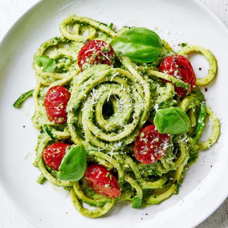 Vibrant avocado pesto zoodles tossed with cherry tomatoes, finished with black pepper for a light vegetarian meal.