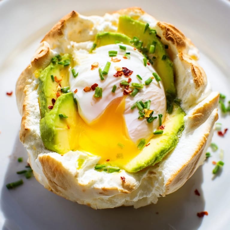 A serving of Cloud Bread Breakfast Clouds with creamy avocado and poached eggs, ready to be enjoyed with a fork on a bright morning.