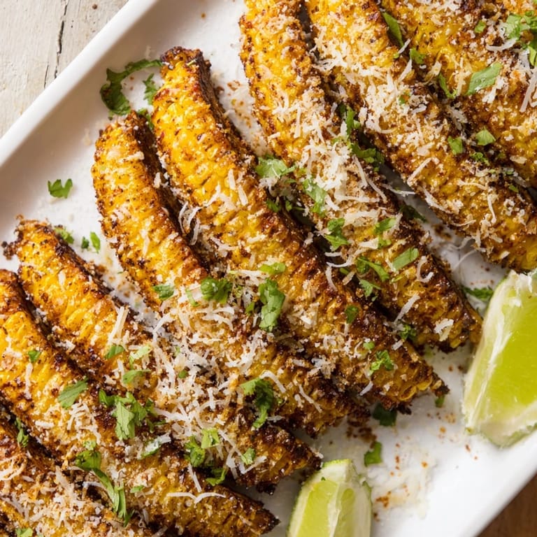 Sizzling hot Cheesy Corn Ribs with curled edges, topped with melted Monterey Jack cheese and fresh cilantro, served alongside lime on a white platter.
