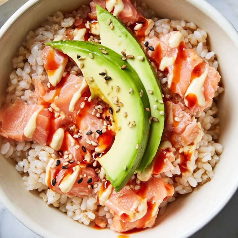 A close-up of the viral Emily Mariko Salmon Rice Bowl with flaked salmon, avocado, and nori sheets ready for dipping.