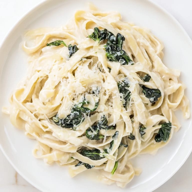 Plate of Creamy Garlic Spinach Pasta, spinach wilted into a silky Parmesan sauce, served warm for a comforting weeknight Italian dinner.